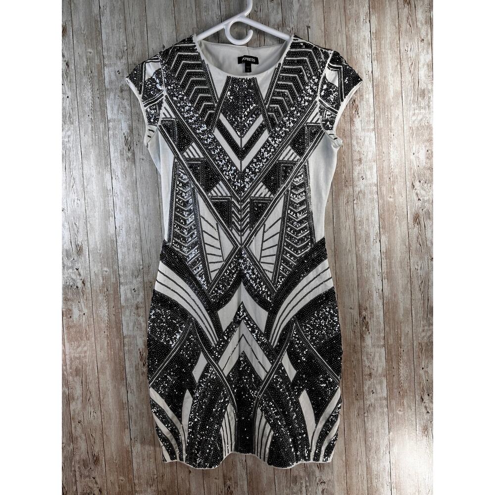 Express Sheath Dress Womens S Black Silver Sequins Aztec Cap Sleeve Bodycon‎